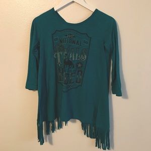 Rodeo teal open back fringe shirt